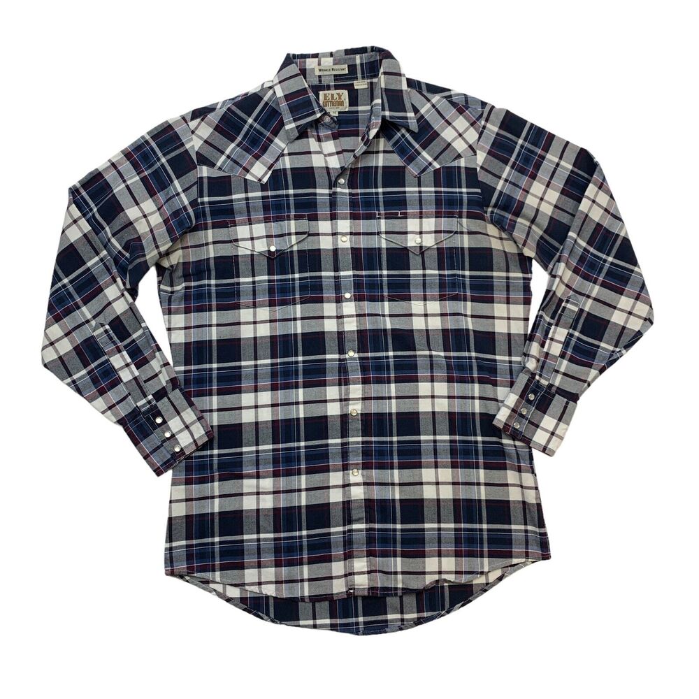Ely Cattleman Western Shirt Men M Medium Navy Blue Plaid Long Sleeve Snap Button